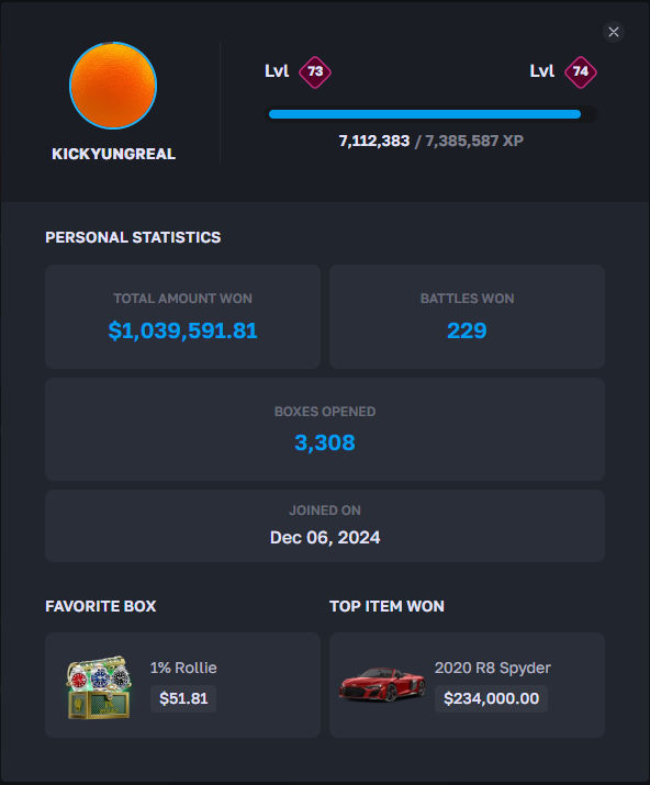 Luxdrop Stats β Kickyungreal won over $1 million in mystery box drops Luxdrop player Kickyungreal profile showing over $1M in wins and openings