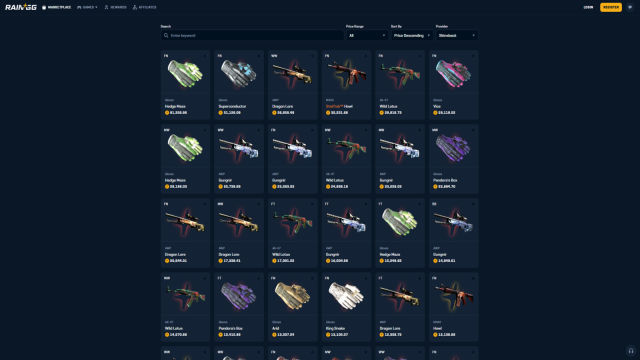 Rain.gg Marketplace Screenshot – clean interface with a wide selection of CS2 skins