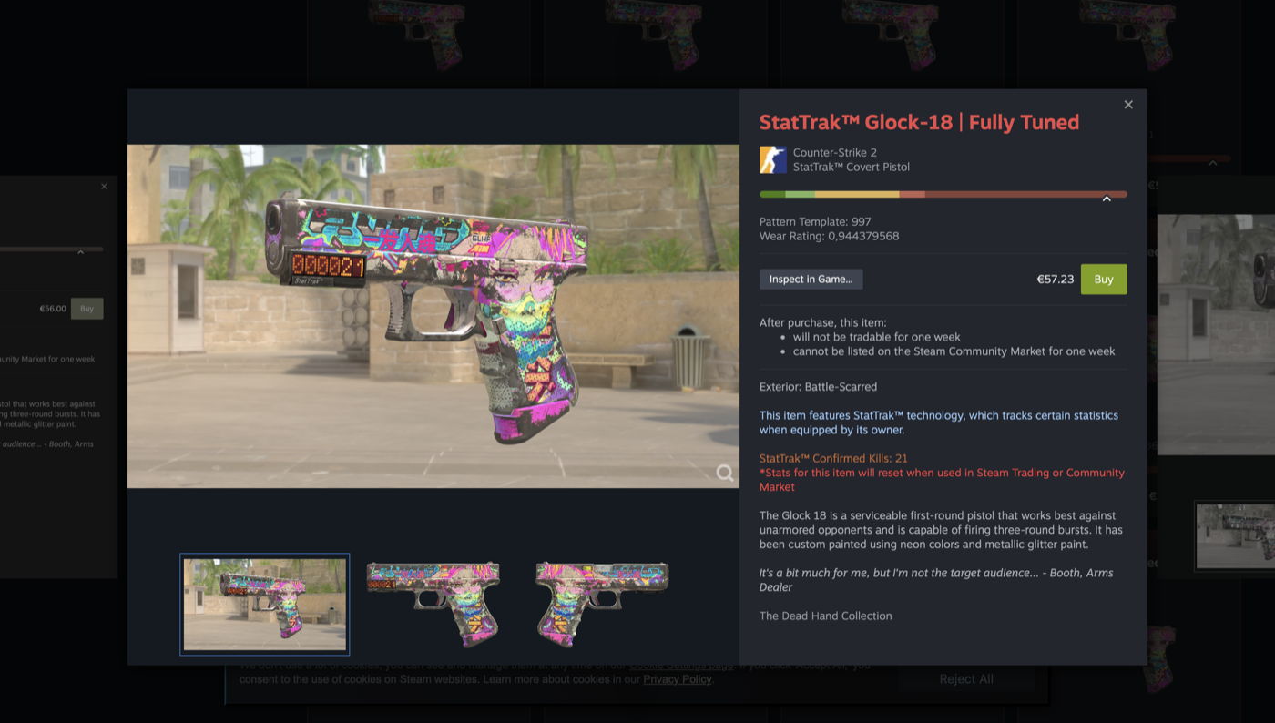 Steam Community Market 2026 item preview modal showing a CS2 Glock-18 Fully Tuned skin rendered in-game with multiple angles, pattern template, wear rating, StatTrak counter, and Inspect-in-Game button